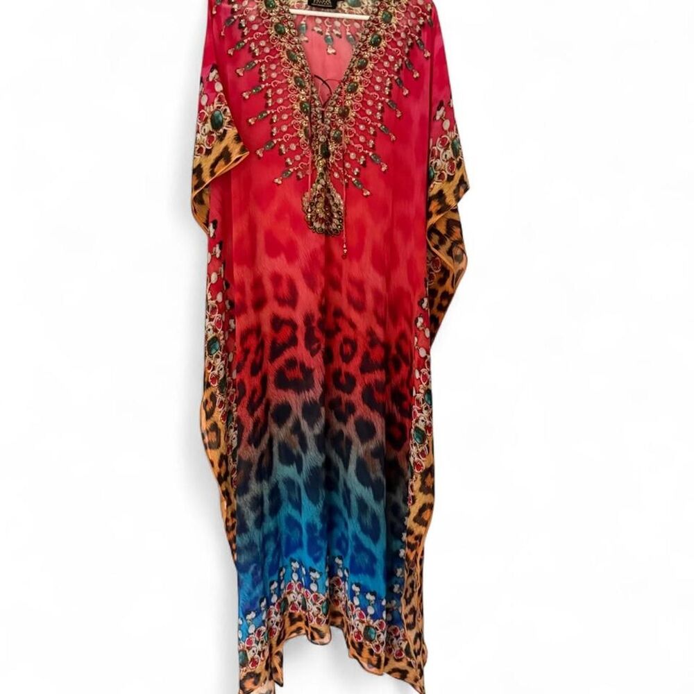 ASA Kaftans L Embellished Jeweled Caftan Maxi Dress Leopard Print Ombré Resort